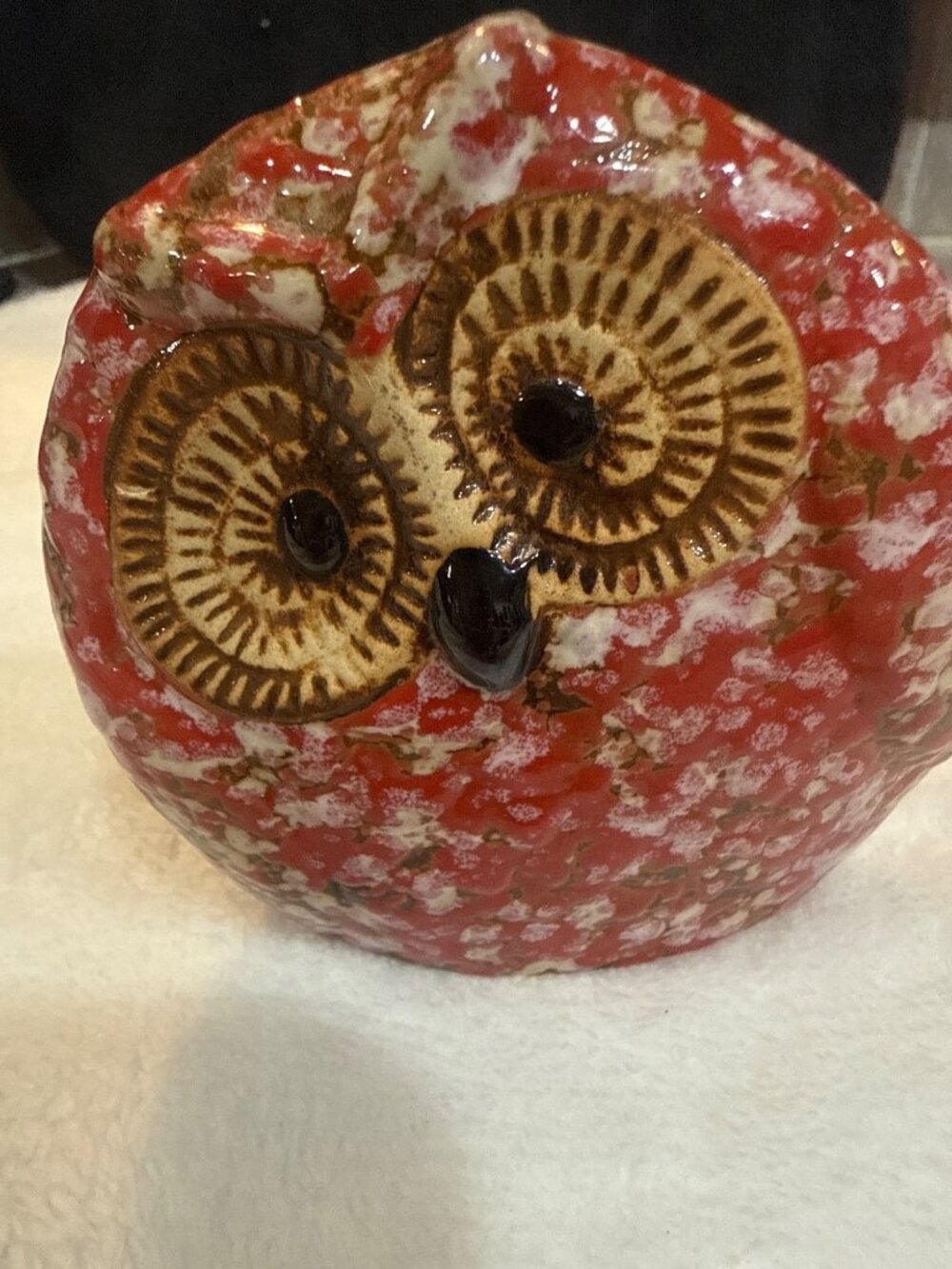 Vintage Red speckled Ceramic Owl Figurine With Glaze Finish
